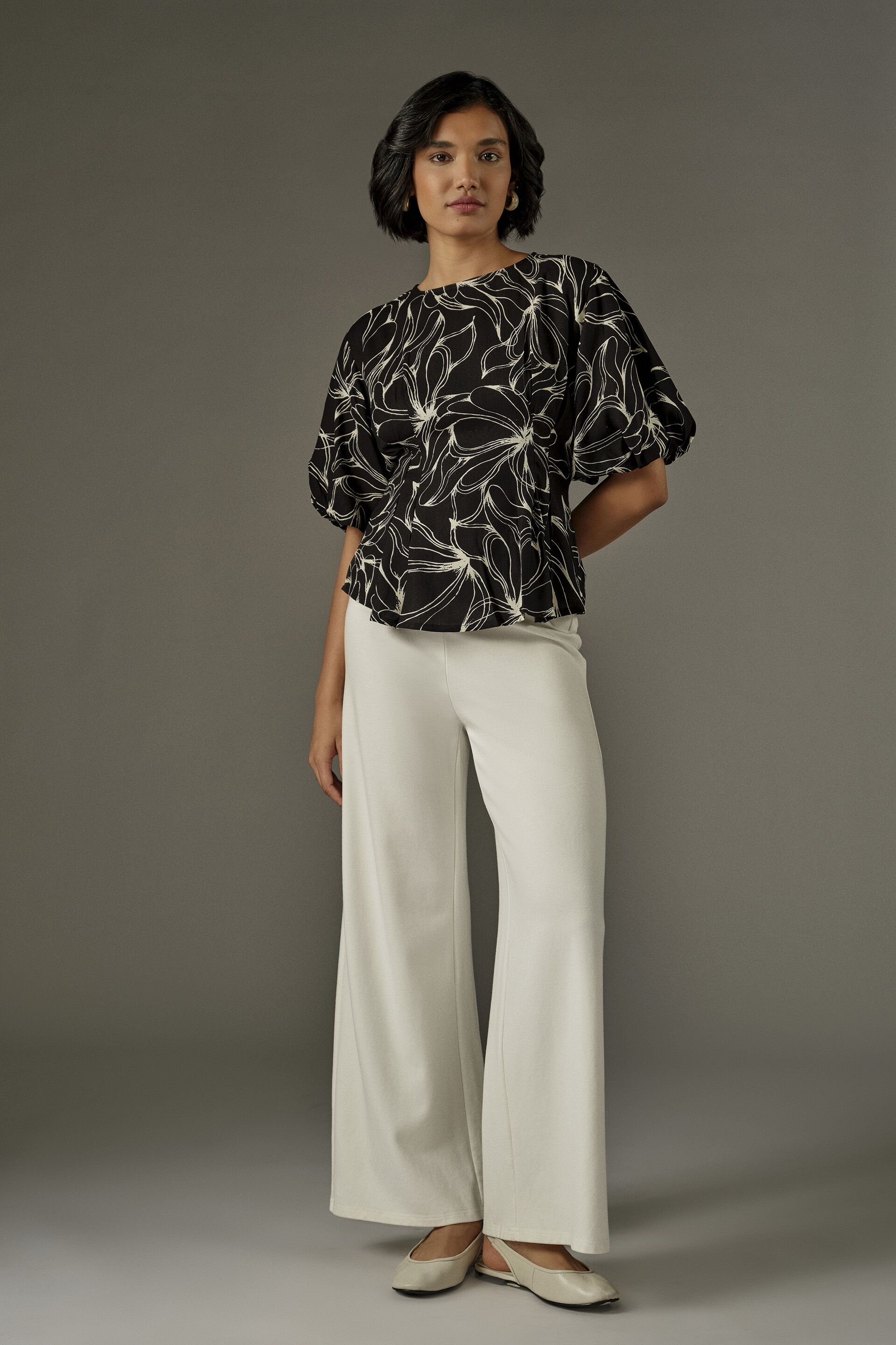 Abstract Florals Peplum Top in Black, Black, image 2